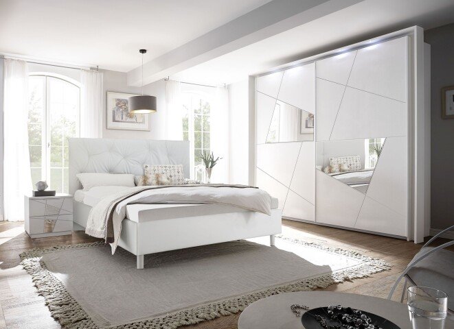 Schlafzimmer-Set >Valeria< Weiss Melamin Siebdruck und Spiegel/Weiss Kunstleder