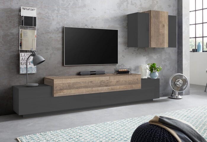 Wohnwand >Corona< (BxHxT: 290x180x45 cm) in Anthrazit/Oak - 290x180x45 (BxHxT)