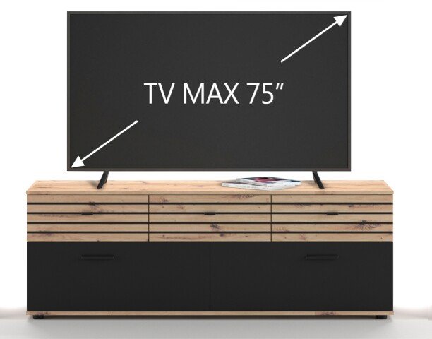 TV-Wand >SOLEA< (BxHxT: 168x59,9x38 cm) in Schwarz/Dekor Lamellen Artisan Eiche