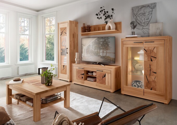 Wohnzimmer-Set >WZ-0315< (BxHxT: 316,6x201x46 cm) in natur geölt aus Kernbuche