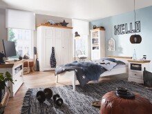 Massivholzbett >KI-0065< (LxBxH: 200x90x60 cm) weiß, mit absetzung eiche farbig