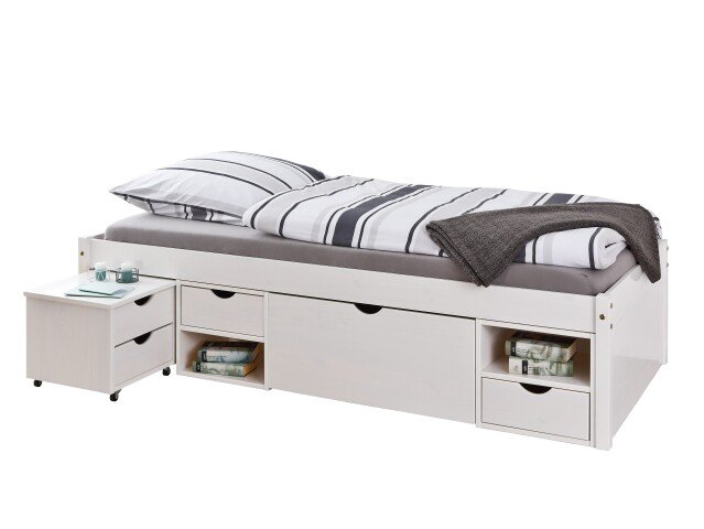 Funktionsbett >TILL< in Weiss aus Massivholz - 209x47,5x96cm (BxHxT)