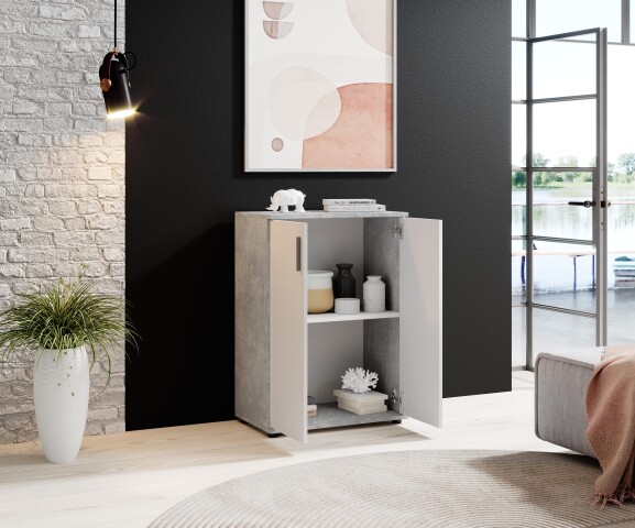 Kommode >Freida< (B/H/T 60 x 82 x 35 cm) in Beton / Weiß