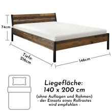 Bett >Marseille< in Old Style Dunkel - 146,4x73,4x215,6cm (BxHxT)