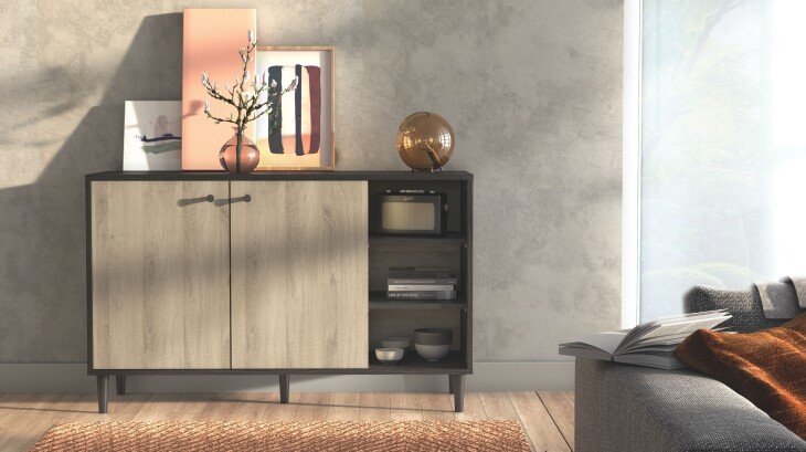 Sideboard >Arty< in Kohlschwarz/helles Holz - 110x40x65cm (BxHxT)