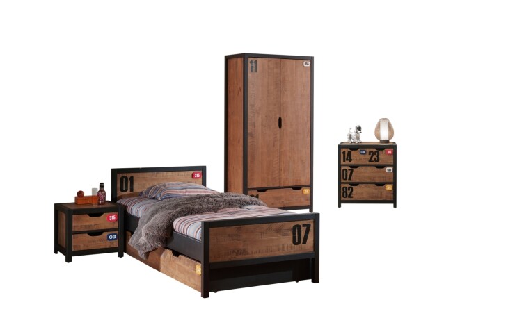 Bettanlage >ALEX< in Kiefer gebürstet cognacfarbig aus Massive Kiefer