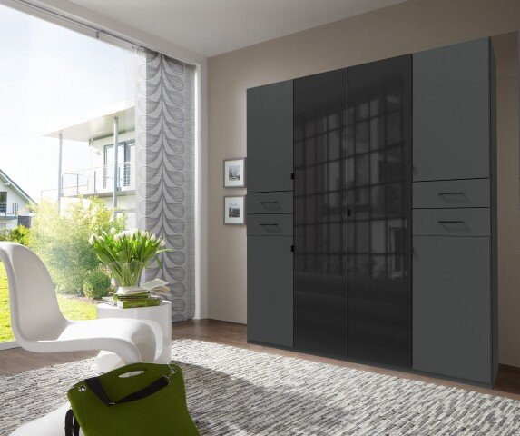 Drehtürenschrank >DANZIG< in GRPAHIT + GLAS SCHWARZ - 180x208x58cm (BxHxT)