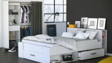 Bett >Pocket< in matt weiss aus Holzwerkstoff - 150x74x217cm (BxHxT)