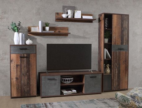 Wohnwand >Papagena< in Vintage / Beton - 277,4x182,9x39,5cm (BxHxT)