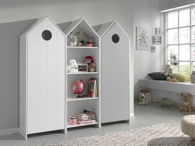 Kleiderschrank >CASAMI< in Korpus Weiß / Front Weiß / Front Grau aus MDF