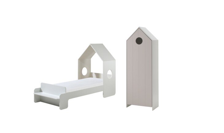 Kinderbett >CASAMI< in Korpus Weiß / Front Pink - 229,5x147,6x93,6 (BxHxT)