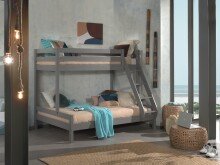 Etagenbett >PINO< in Kiefer massiv grau lackiert - 208x167x156 (BxHxT)