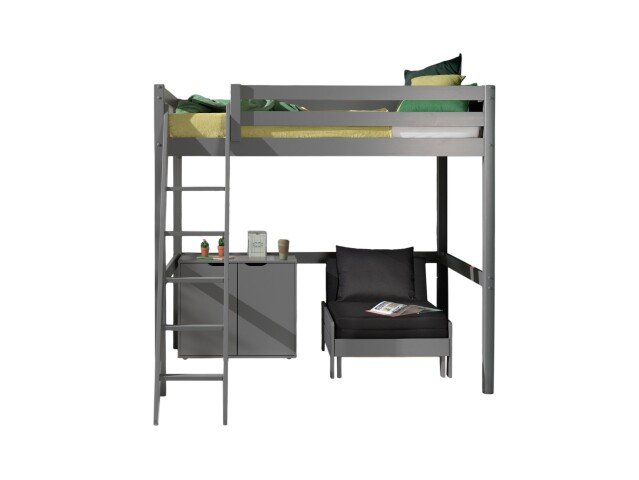 Hochbett >PINO< in Kiefer massiv grau lackiert - 209x190x215 (BxHxT)