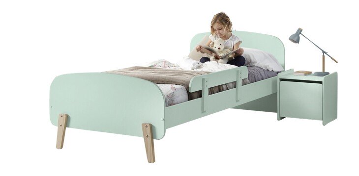 Kinderbett >KIDDY< in mintgrün aus Massiv Kiefer und MDF - 205,5x72,5x95 (BxHxT)
