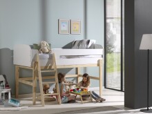 Hochbett >KIDDY< in Weiß aus Massiv Kiefer und MDF - 204,4x126x129,4cm (BxHxT)