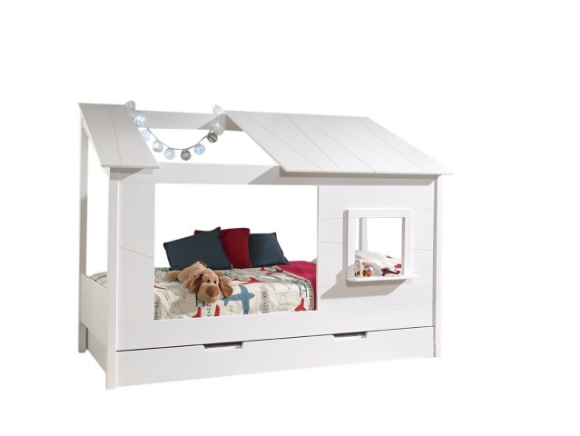 Hausbett >HAUSBETT< in Weiß aus Massiv Kiefer und MDF - 214x158,5x105cm (BxHxT)