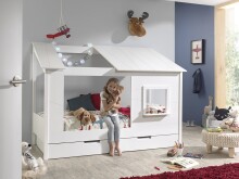 Hausbett >HAUSBETT< in Weiß aus Massiv Kiefer und MDF - 214x158,5x105cm (BxHxT)
