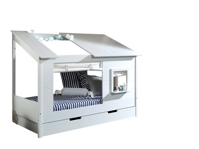 Hausbett >HAUSBETT< in Weiß aus Massiv Kiefer und MDF - 214x158,5x105cm (BxHxT)