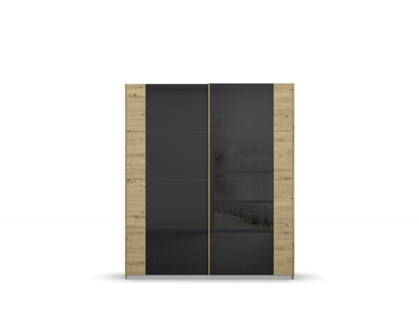 Schwebetürenschrank >Artemis< in Eiche Artisan / Glas basalt aus Holzwerkstoffe