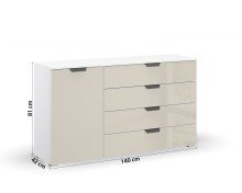 Kommode >Artemis< in alpinweiß / Glas champagner - glänzend - 140x81x42 (BxHxT)