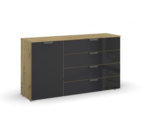 Kommode >Artemis< in Eiche Artisan / Glas basalt - 140x81x42 (BxHxT)
