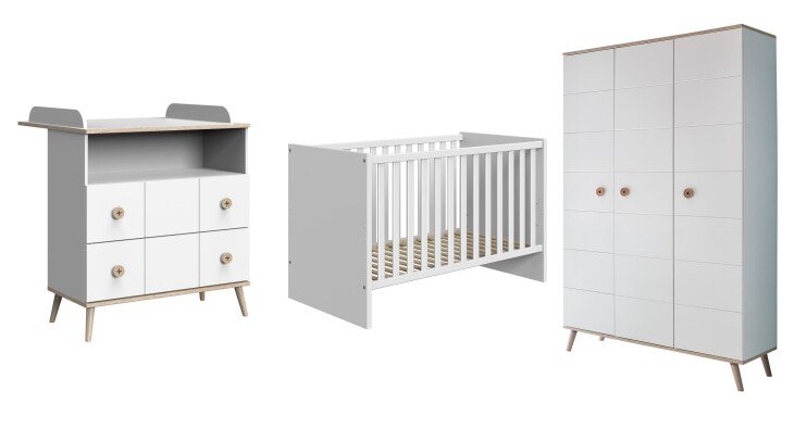 Babyzimmer-Komplettset >Billund< in weiß/Eiche Sägerau - 292x202x146cm (BxHxT)