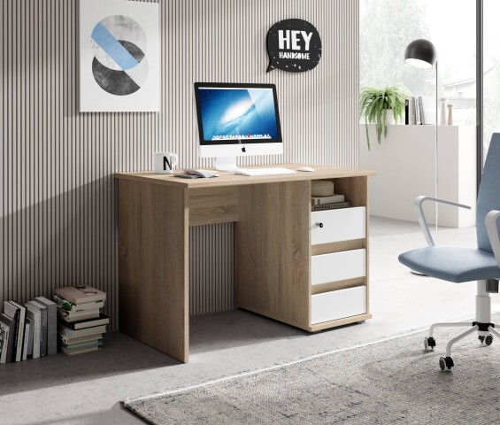 Schreibtisch >Flinn< in Weiß-Eiche Sonoma hell - 110x75x65 (BxHxT)