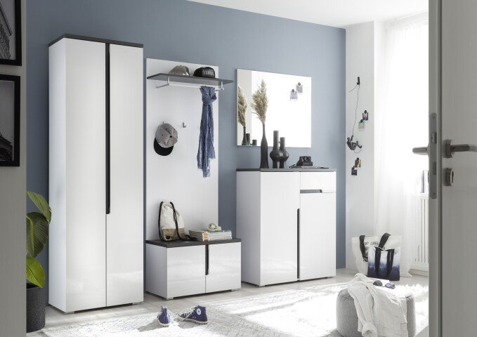 Garderoben-Set >Boston< in Weiß hochglanz-Anthrazit - 260x197x38cm (BxHxT)