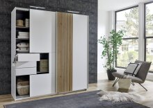 Schwebetürenschrank >COBURG< in Weiß/ Akustiklamellen Nachbildung Artisan Eiche Nachbildung