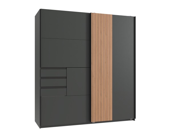 Schwebetürenschrank >COBURG< in Graphit/ Akustiklamellen Nachbildung Artisan Eiche Nachbildung