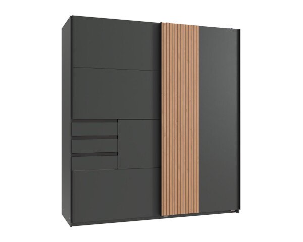 Schwebetürenschrank >COBURG< in Graphit/ Akustiklamellen Nachbildung Artisan Eiche Nachbildung
