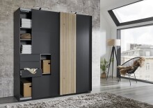 Schwebetürenschrank >COBURG< in Graphit/ Akustiklamellen Nachbildung Artisan Eiche Nachbildung