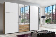 Schwebetürenschrank >MAGIC< in PLANKENEICHE + WEISS - 300x216x65cm (BxHxT)