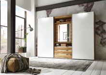 Schwebetürenschrank >MAGIC< in PLANKENEICHE + WEISS - 300x216x65cm (BxHxT)