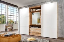 Schwebetürenschrank >MAGIC< in PLANKENEICHE + WEISS - 300x216x65cm (BxHxT)