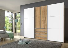 Schwebetürenschrank >MAGIC< in PLANKENEICHE + WEISS - 300x236x65cm (BxHxT)