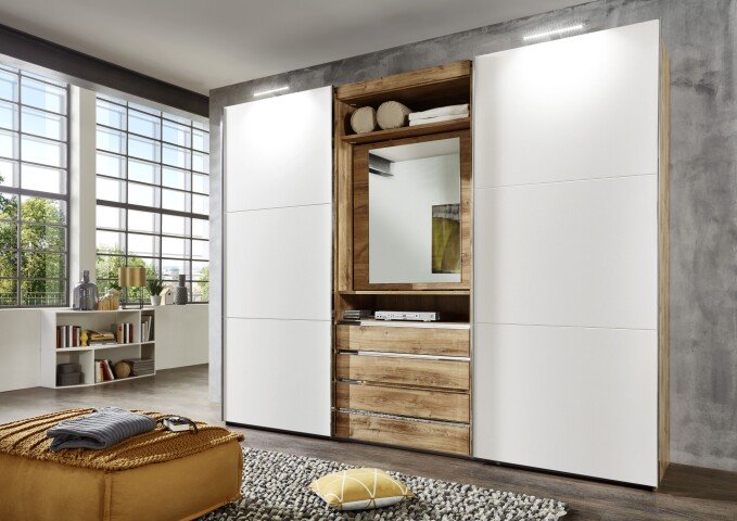 Schwebetürenschrank >MAGIC< in PLANKENEICHE + WEISS - 300x236x65cm (BxHxT)