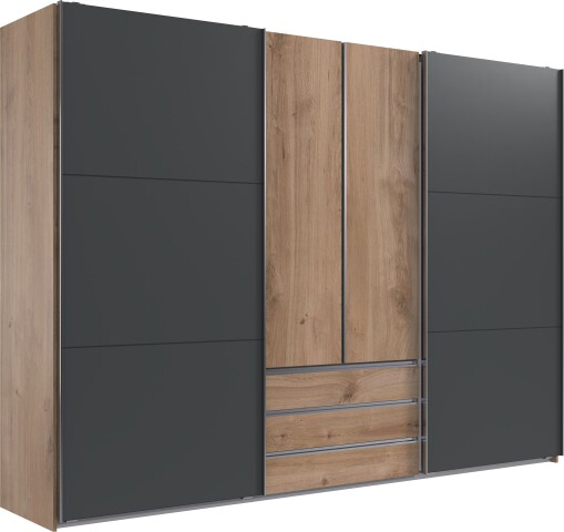 Schwebetürenschrank >MAGIC< in PLANKENEICHE NB + GRAPHIT - 300x216x65cm (BxHxT)