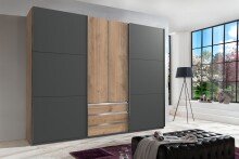 Schwebetürenschrank >MAGIC< in PLANKENEICHE NB + GRAPHIT - 300x216x65cm (BxHxT)