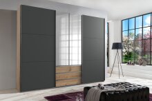 Schwebetürenschrank >MAGIC< in PLANKENEICHE NB + GRAPHIT - 300x216x65cm (BxHxT)