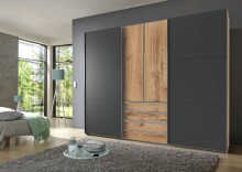 Schwebetürenschrank >MAGIC< in PLANKENEICHE NB + GRAPHIT - 300x236x65cm (BxHxT)