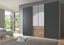 Schwebetürenschrank >MAGIC< in PLANKENEICHE NB + GRAPHIT - 300x236x65cm (BxHxT)