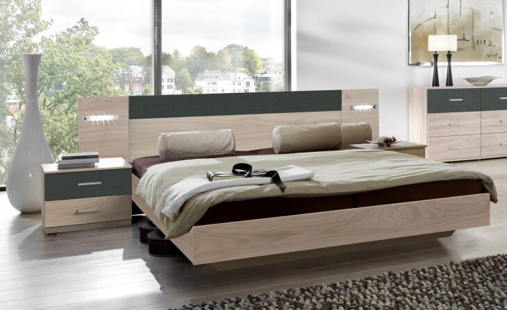 Bettanlage >ANGIE< in HICKORY OAK + GRAPHIT - 281x81x210cm (BxHxT)