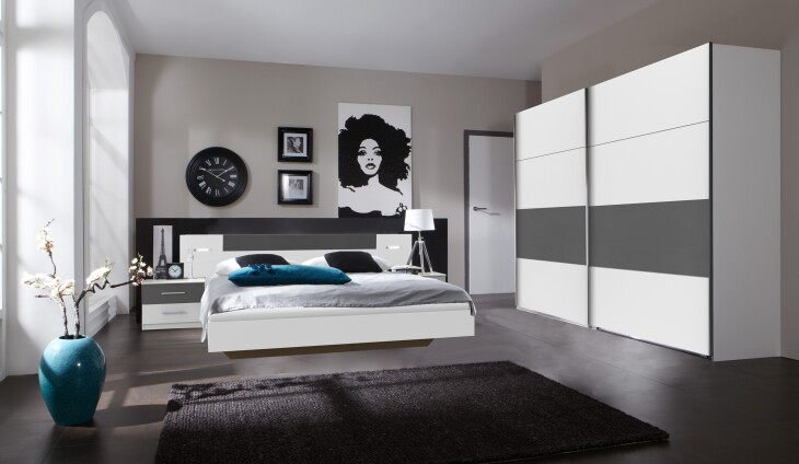 Komplettschlafzimmer >ANGIE< in WEISS + GRAPHIT - 519x208x210cm (BxHxT)