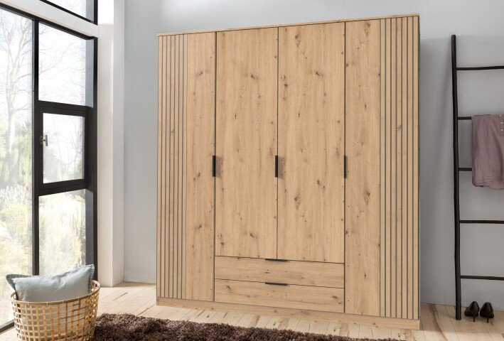 Drehtürenschrank >LUEBECK< in ARTISAN-EICHE-NACHBILDUNG + AKUSTIKLAMELLEN-NB ARTISAN