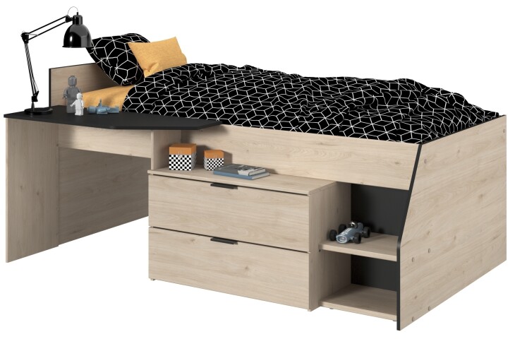 Hochbett >Milky 2< in Schwarz/Eiche - 203x135x90cm (LxBxH)