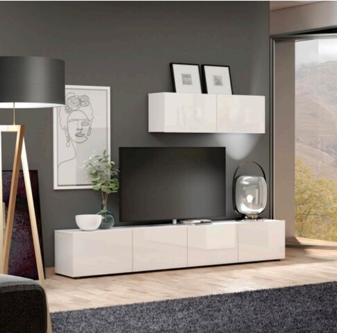 Wohnwand >Mister< in weiss, Lack Hochglanz - 225x38cm (BxT)