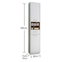 Hochschrank >Milano< in Weiß, Absetzungen: Wildeiche - 38x190x30 (BxHxT)