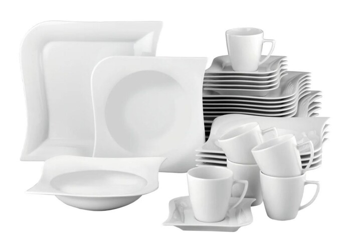 Kombiservice Geschirr-Set, Service Opera (30-tlg), 6 Personen, geschwungene Form, weiß, Porzellan