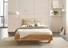 TJARK Modernes Massivholzbett 140x200 - Komfortables & hochwertiges Balkenbett mit gepolstertem Kopfteil - 146 x 89 x 219 cm (B/H/T)